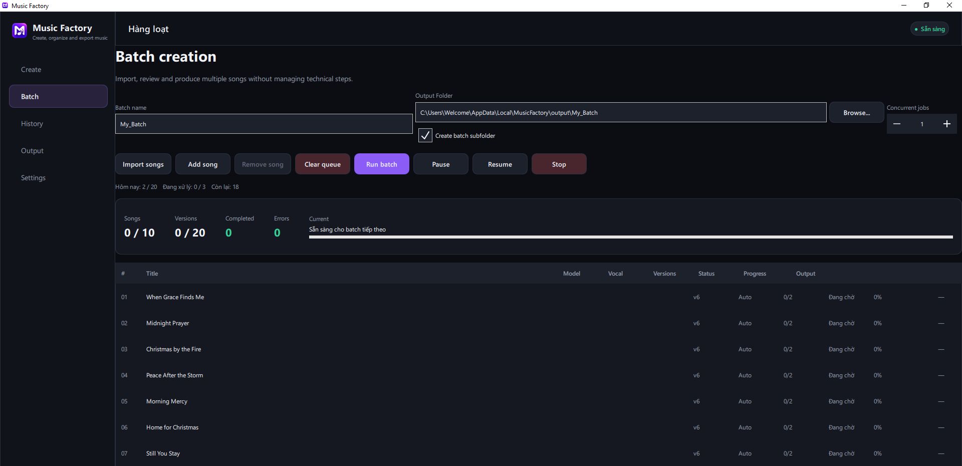 MusicFactory batch queue with 10 songs
