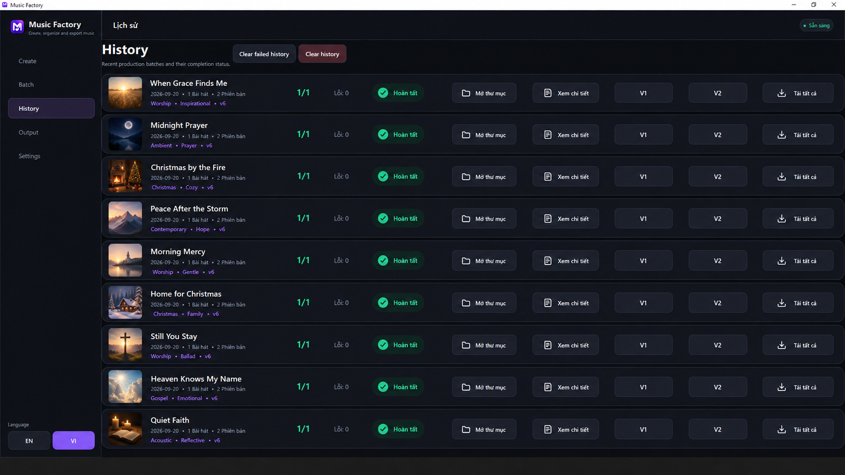 MusicFactory history showing multiple completed songs