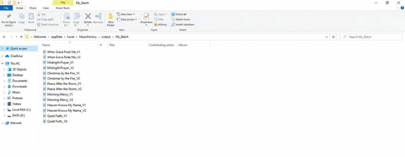 MusicFactory output folder with multiple V1 and V2 song files